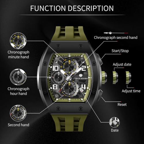 Image of TSAR BOMBA Men's Luxury Quartz Watch, Luminous Dial 5ATM Water Resistance Silicone Strap Men's Wristwatch Ideal Gift for Men