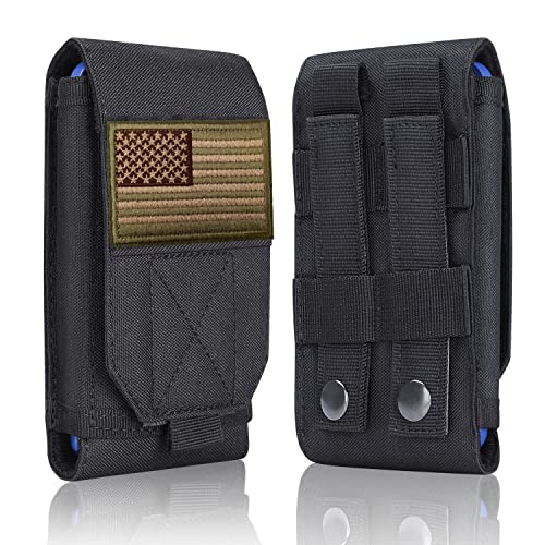 Image of Black Tactical Molle Cellphone Pouch Case,Heavy Duty Waterproof Phone Holster Bag for iPhone 11 12 13 Pro Max for Samsung S22 S21 S20 FE Note 20 A02S A13 A12 Less 6.7 inch Phone with US Flag Patch