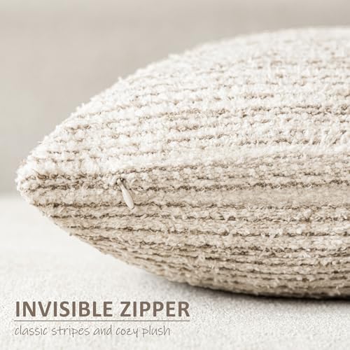 Image of Foindtower Set of 2 Faux Fur Textured Modern Throw Decorative Pillow Covers Square Accent Striped Cushion Sherpa Boho Farmhouse Pillowcase for Couch Sofa Living Room Home Decor 20x20 Inch,Ivory