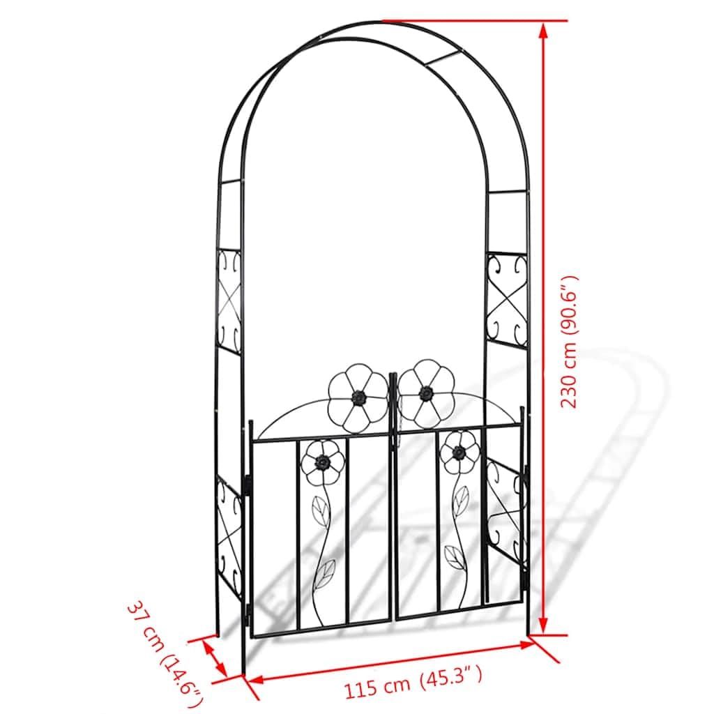 Arco de jardín con puerta de metal para rosas y plantas trepadoras, como enrejado de rosas