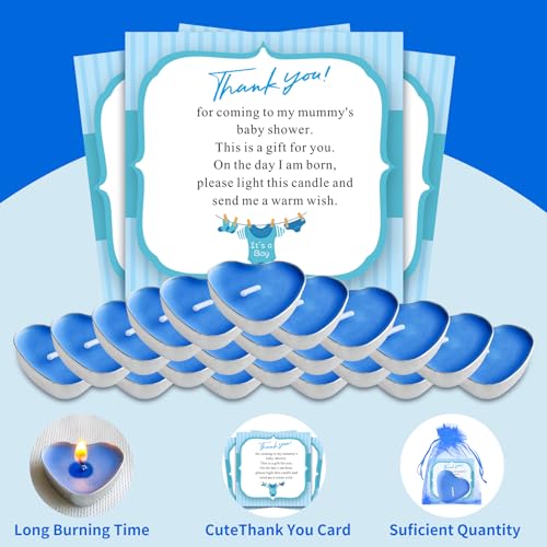 Fexichuji F01 50 Sets Boy Baby Shower Party Favors For Guests,50 Pcs Heart Shape Tealight Candle 50 Pcs Organza Bags 50 Pcs Thank You Cards Baby Shower Gender Reveal,Baptism Recuerdos Gifts Prizes Decorations,Blue thumb #2