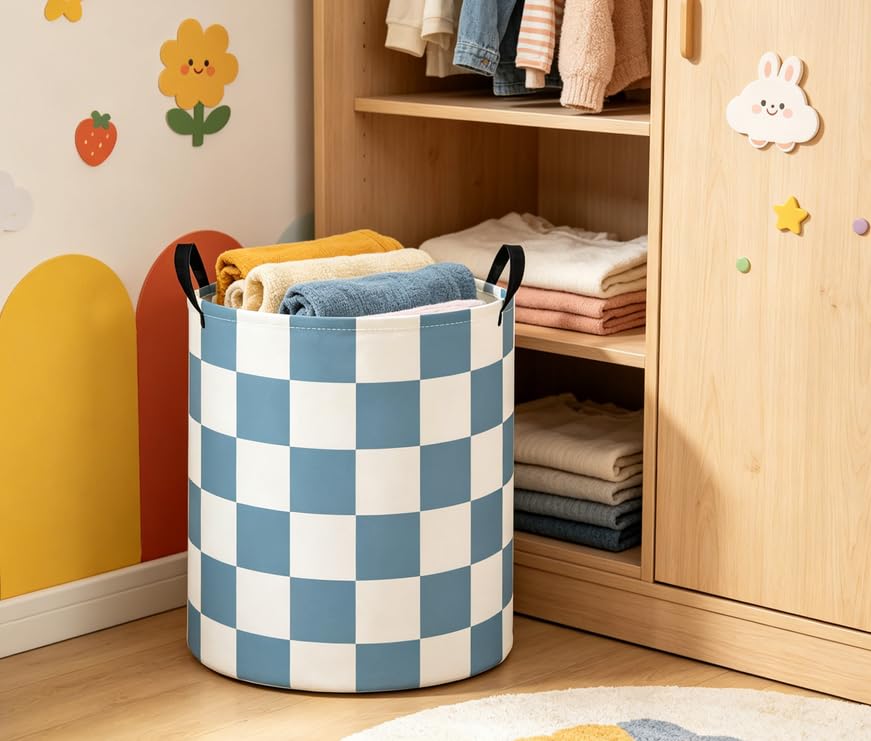 Image of Baby Laundry Basket Baby Nursery Hamper Kids Laundry Basket Toy Storage Bin for Boys Room Decor Gift Baskets for Bedroom Bathroom(Blue Checkered)