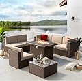 Aoxun 8PCS Patio Furniture Set with 40" Fire Pit Table Outdoor Sectional Sofa Sectional Wicker Furniture Set with Coffee Table for Patio Garden(8 PCS Brown)