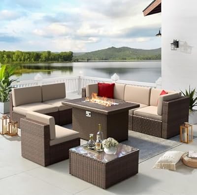 Aoxun 8PCS Patio Furniture Set with 40" Fire Pit Table Outdoor Sectional Sofa Sectional Wicker Furniture Set with Coffee Table for Patio Garden(8 PCS Brown)
