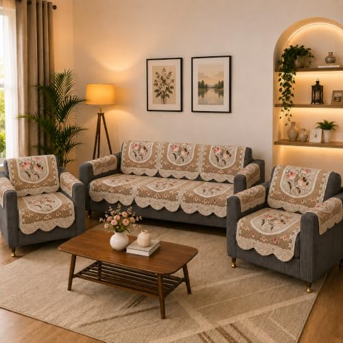 Image of STITCHNEST Florenza Beige 10 Piece Cotton Net Sofa Slip Cover |5 Seater