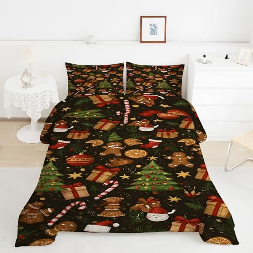 クリスマスツリー羽毛布団 3Dジンジャーブレッドマン掛け布団 ド ソフト 冬 キルト オールシーズン被子ソフトふわふわマイクロファイバーウォッャブル 掛け布団暖かい ふわふわ 暖かい羽毛布団軽量 通気 羽根布団190x210cm + 2枚枕カバー・43X6