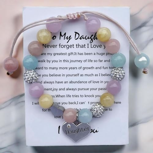 Image of DOLON Handmade Crystal Beaded Heart Charm Bracelet for Daughter Adjustable Birthday Christmas Jewelry Gift from Mom Dad