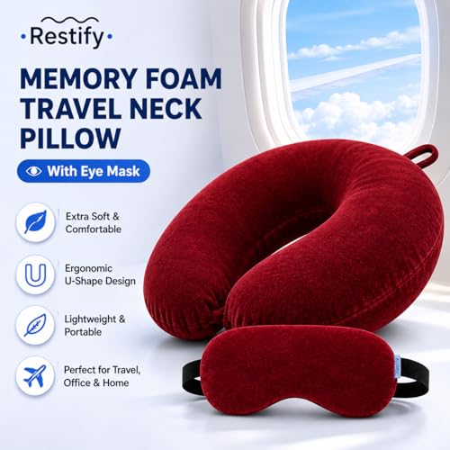 Image of Restify Premium Memory Foam Travel Neck Pillow with Eye Mask | Soft Velvet U Shape Neck Support Cushion for Flight, Airplane, Car & Office Travel | Portable Pillow for Men & Women | Maroon