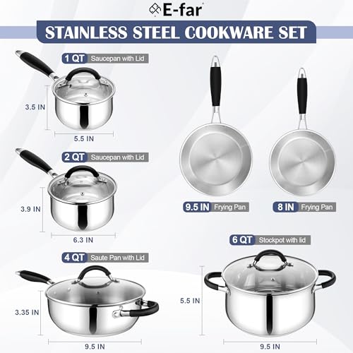 Image of E-far Stainless Steel Cookware Set - Induction Tri-Ply Base Pots and Pans, 10-Piece Non-Toxic Kitchen Cooking Set w /Stay-Cool Handle, Frying Pans, Saucepans, Stockpot with lid, Oven & Dishwasher Safe