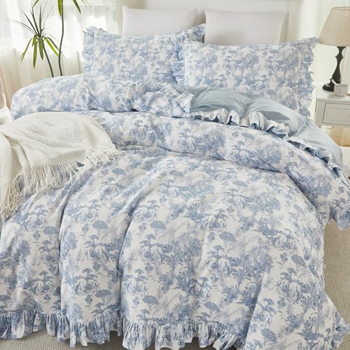 Brandream French Country Toile Duvet Cover Set Full Size for Girl Women 100% Cotton Luxury Cottagecore Bedroom Decor Blue French Toile Botanical Print Bedding with Romantic Ruffled Trim