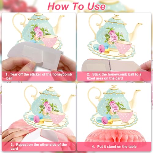 Image of Floral Tea Party Decorations Let's Par Tea Decorations with Floral Tea Honeycomb Centerpieces Tea Hanging Swirl Banner Backdrop Flower Ball for Birthday Baby Shower Wedding Tea Party Supplies