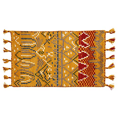 萩原 玄関マット 屋内 イエロー 約60×90cm 「クームース ガンター」 ウール100% 羊毛 手織り ノルディック エスニック