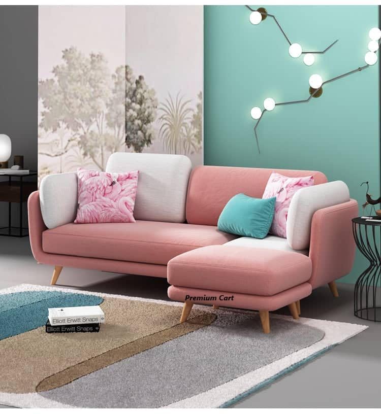 Image of Velvet Contemperory Sofa with Cushion Chaise Lounge Sectional Sofa Perfect for Living Room & Bedroom Guests Home & Office (Linen Pink & Beige, Three Seater with Puffy), 3 Seater