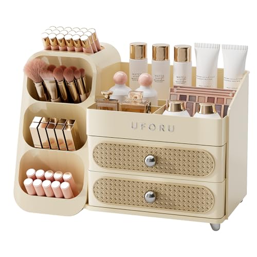 Image of UFORU Makeup Organizer for Vanity with Brush Holder, Large Capacity Bathroom Countertop Skincare Organizer with 2 Drawers, Cosmetic Display Case for Perfumes, Eyeshadow Palettes, Nail Polishes