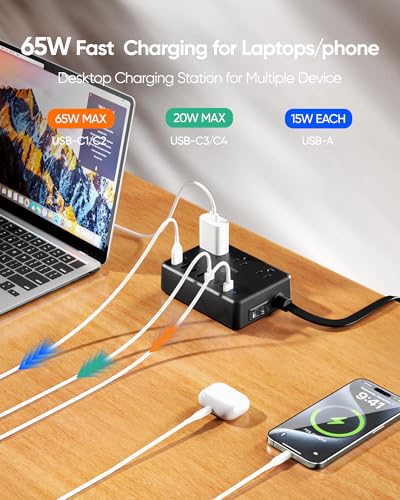 Image of Kakyanill 100W Power Strip, 6 AC Outlets 8 USB Ports(4 USB C) with 2000J Surge Protector, 5ft Flat Plug Extension Cord, Compact for Desk Home Office Dorm, Black