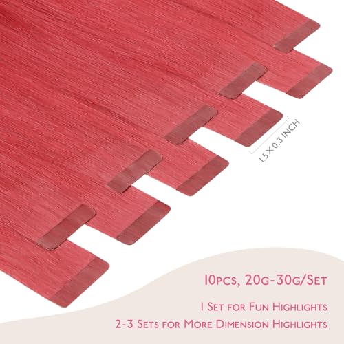 Image of WENNALIFE Tape in Hair Extensions Human Hair Coral Red Tape in Extensions, 10pcs 25g 16 inch Remy Invisible Tape Ins Straight Colored Soft Real Human Hair Tape in Extensions Refill Set Extensions