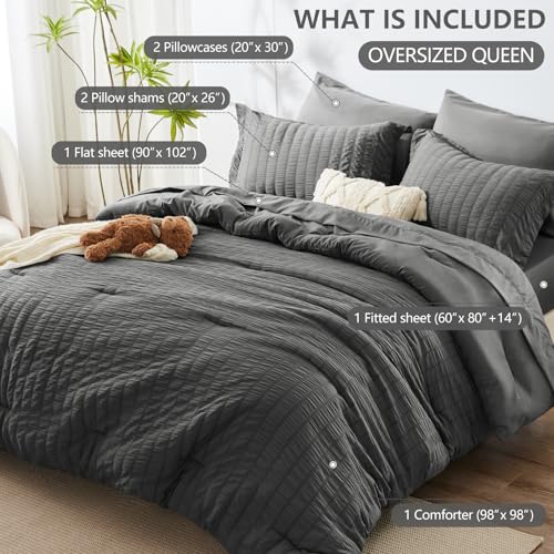 Image of HIMEET Oversized Queen Comforter Set - 7 Pieces Seersucker Bed in a Bag, Boho Bedding Sets for Bedroom Decor, All Season Home Essential Bed Set with Comforter, Sheets, Pillowcases & Shams, Dark Grey