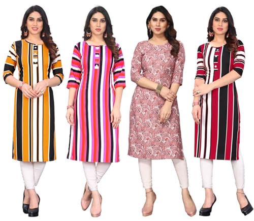 Image of JAKHANA Women's Crepe Printed Casual Straight Calf Length Round Nick Kurta Pack of 4