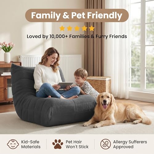 Image of Gazecaia Comfy Bean Bag Chair for Adults Teens | Fireside Floor Lounge Chair,Soft Teddy High-Resilience Memory Foam Bean Bag Couch with Non-Slip Base,for Living Room Bedroom Apartment Office,Dark Gray