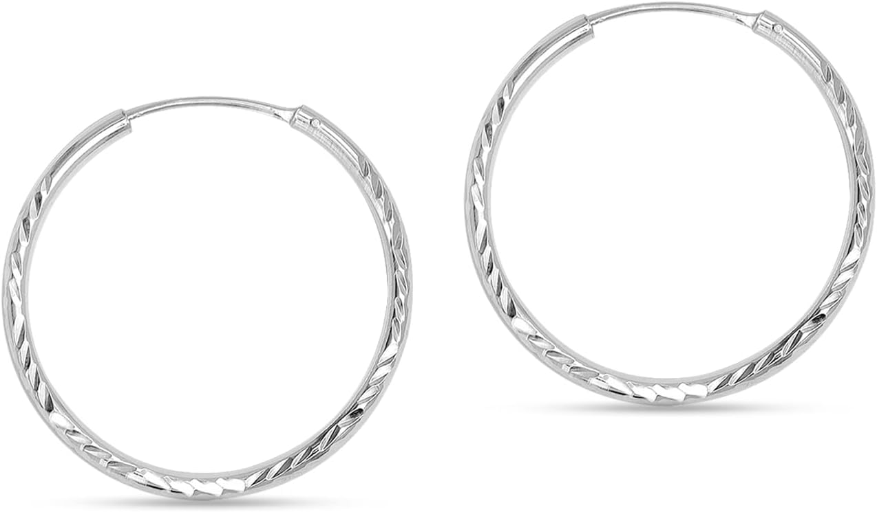 Charmsy 925 Sterling Silver Round Endless Hoop Earrings for Women | Hypoallergenic Lightweight 2MM Diamond-Cut Hoop Earring | Round Circle Sleeper Earrings Jewelry Gifts