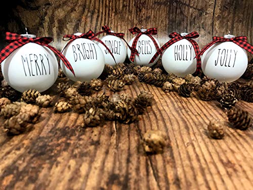 Farm-House-Ornament-Set-6-Shatterproof-Matte-White-Bulbs-With-Black-Lettering-and-Buffalo-Plaid-Bows Farm House Ornament Set 6 Shatterproof Matte White Bulbs With Black Lettering and Buffalo Plaid Bows