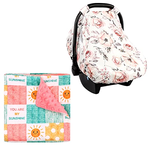 Baby Car Seat Cover and Baby Blanket for Girls, Summer Cozy Sun & Bug Cover, Minky Blankets with Dotted Backing
