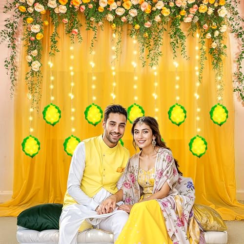 Image of Party Propz Yellow Backdrop for Decorations with Ganpati Curtain Lights, Haldi Decoration Items for Home Decor, Backdrop Cloth for Decoration Pooja, Wedding Decor (3Pcs)(Net)