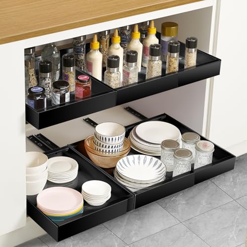 NAYAHOSE Pull Out Cabinet Organiser, Extendable Large Slide Out Kitchen Storage Drawer Shelf, Drawers Cabinet Basket with Handle for Kitchen Bathroom, No Need Drill and Nailing(Range 32-48cm)