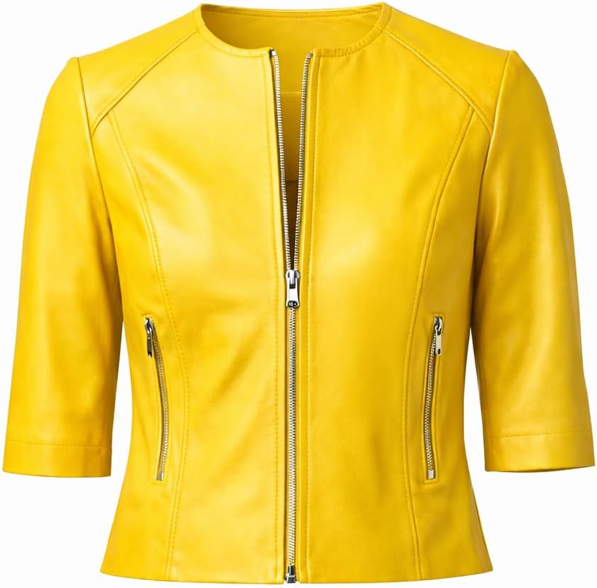 Women’s Cropped Leather Jacket | Fitted Zip-Up Short Sleeve Jacket | Modern Minimalist Casual Outerwear