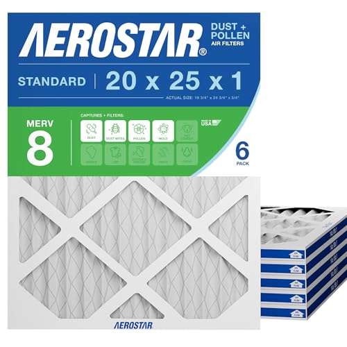 Aerostar 20x25x1 MERV 8 Air Filter, 6 Count, ACTUAL SIZE (19.75 x 24.75 x 0.75), HVAC, Air Conditioning & Furnace Filter Captures Dust, Lint & Pollen (MPR 600 / FPR 5), Made in USA