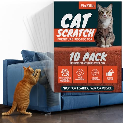 FixZilla Anti Cat Scratch Furniture Protector, 10-Pack Couch Protector from Cat Claws - Heavy-Duty, Easy-to-Apply Scratching Deterrent and Shield for Sofa Corners, Walls, Doors- with 50 Twist Pins