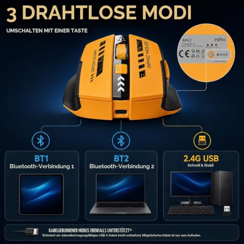 inphic A9 Kabellose Gaming‑Maus, wiederaufladbar, 12800 DPI, RGB – Ansicht 3