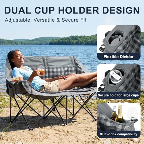 Image of Double Camping Chair 2 Person Loveseat, 800LBS Heavy Duty Chair, Plaid