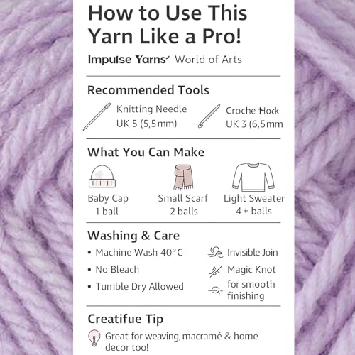 Image of Impulse Hand Knitting & Crochet Yarn, Premium Acrylic, 4 : Medium (Lilac) (4x100gms / 14.1oz)