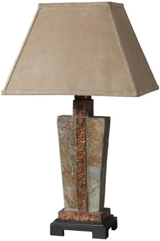 Pemberly Row Indoor/Outdoor Accent Lamp, Hammered Copper Finish, Hand Carved Slate Base, 29 in Height, Rectangle Bell Shade, Brushed Suede Weather Resistant Material, Stylish Lighting for Living Room