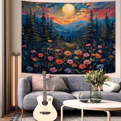 kampdream Landscape Tapestry, Scenery Art Wall Tapestries, Nature Wall Decor for Bedroom Living Room Backdrop Sunset Wildflowers 36×48 inches - Thumbnail 4