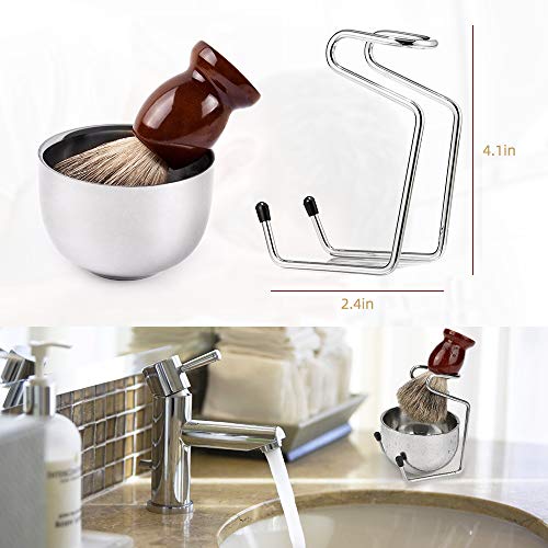 Shaving Set, INTSUN 3in1 Pure Badger Hair Shaving Brush Natural Solid Wood Handle and Stainless Steel Shaving Bowl with Shaving Stand, for Men Wet Shaving Gift