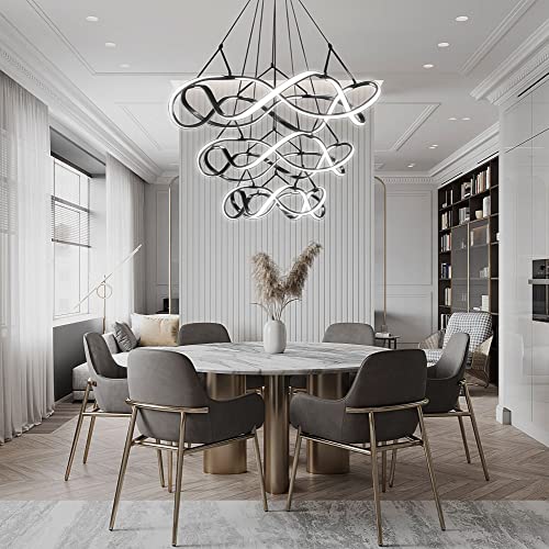 Led Chandelier Modern 3 Rings Black Chandeliers Large High Ceiling Pendant Light Fixture Dimmable Chandelier With Remote Control For High Ceiling Living Room Staircase Entryway D23.6''+31.49''+39.37'' #TOP4