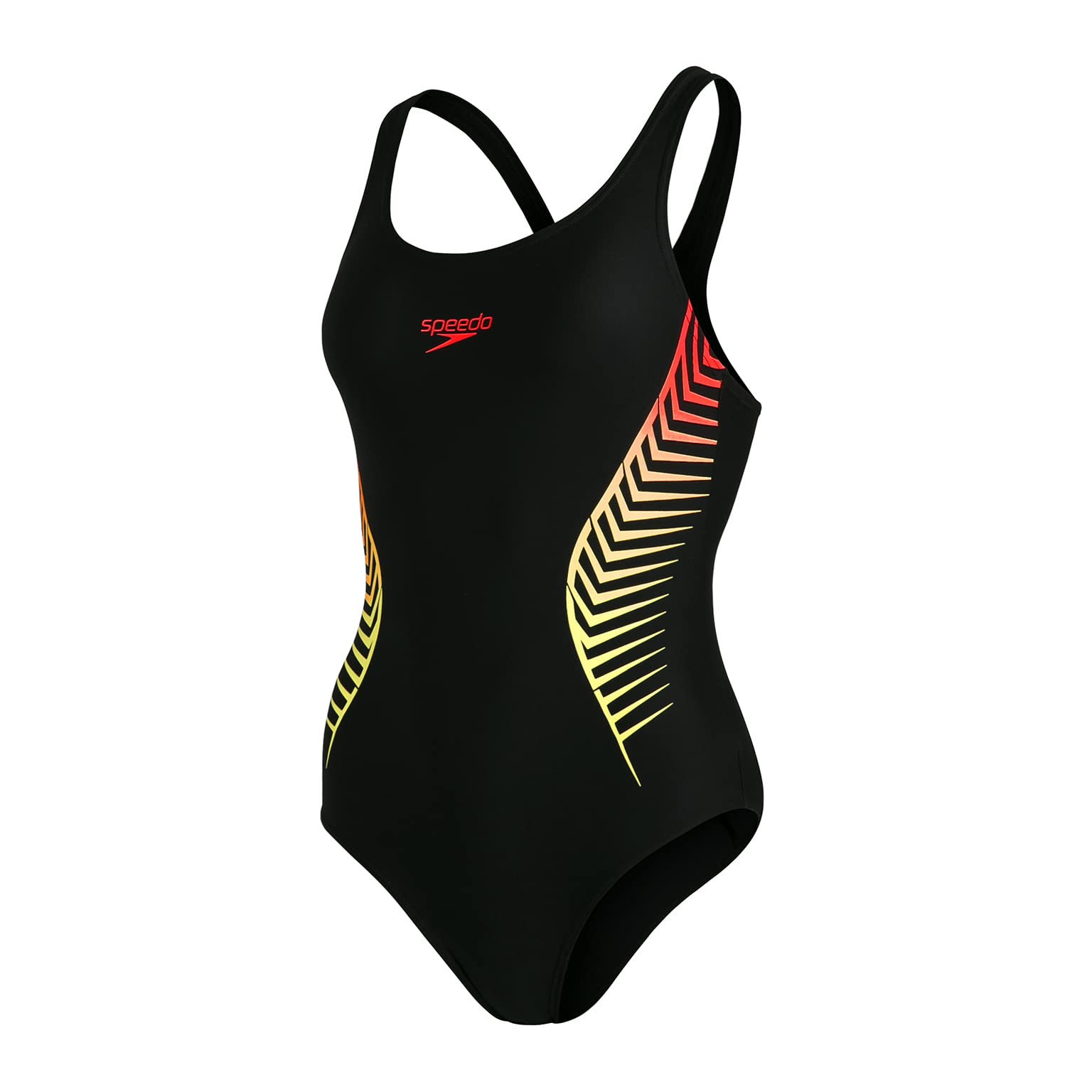 Speedo Women's Placement Muscleback 1pc Swimsuit, Black/Lazer Lemon/Fluo Tangerine, 36 38 Black/Lazer Lemon/Fluo Tangerine