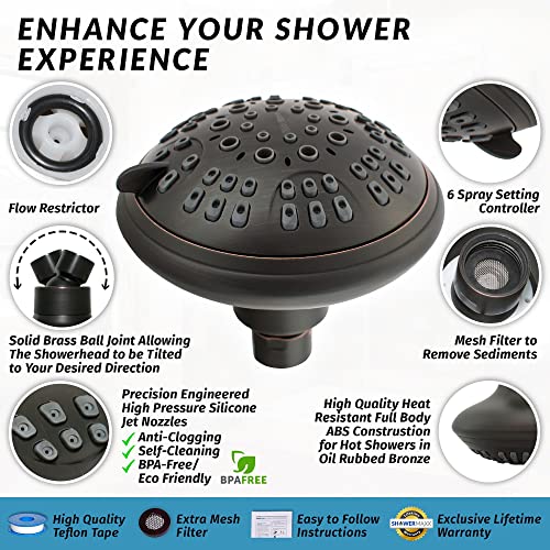 Showermaxx Luxury Spa Series Shower Head, 6 Spray Setting, 4.5 Inch Adjustable High Pressure Shower Head Fixture For Hard Water, 360-Degree Tilt Massage Shower System - Oil Rubbed Bronze Shower Head #TOP2