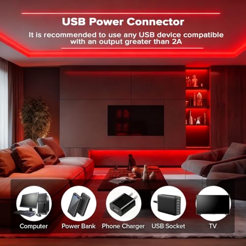 Image of 5V COB Red Led Strip Light 6.56FT USB Powered CRI90+ LED Tape Lights with Dimmer, 8mm Width Dimmable High Density Flexible Strips for TV Under Cabinet Bedroom