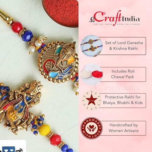 Image of eCraftIndia Set of 2 Multicolor Religious Om Symbol and Peacock Designer Rakhis with Roli Chawal Pack and Best Bro Ever Fridge Magnet - Rakhi for Brother