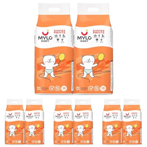 Image of Mylo Baby Diaper Pants Extra Large (XL) Size 12-17 kgs (56 count) Leak Proof | Lightweight | Upto 12 Hours Protection | ADL Technology | with Aloe Vera Lotion (28 Count, Pack of 8)