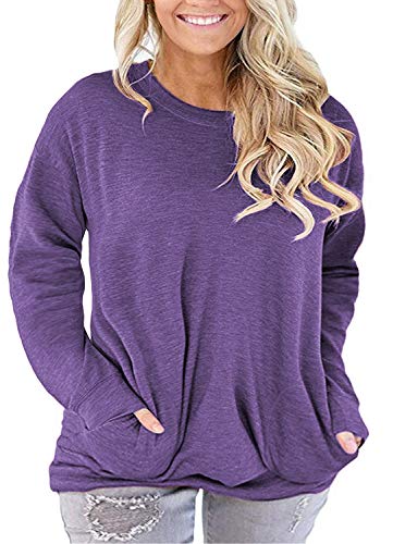 Ladies Plus Size Pockets Casual Blouse Shirts Long Sleeve Tunics Pullovers Purple 24W