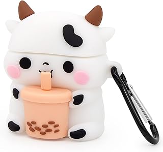 Mouzor Cute Airpods Case, Airpods 2 Case, Boba Tea Cow Funny 3D Cartoon Animal Case, Soft PVC Full Protection Shockproof Charging Case Cover with Carabiner for Airpods 1st generation, 2nd generation