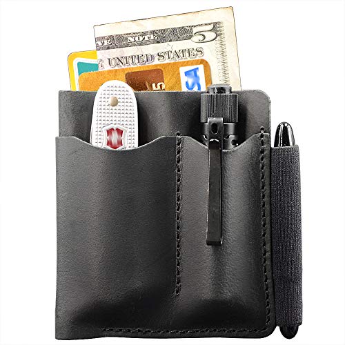 EDC Pocket Organizer Sheath, Leather Pocket Knife Pouch for Victorinox Swiss Army Knife, Pocket Slip, Carry Credit Cards Cash, EDC Carrier with Pen Loop, Premium Leather. Black.