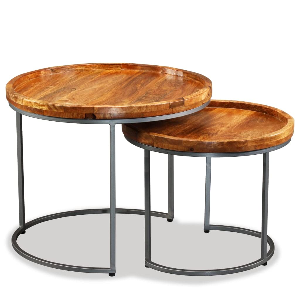 Juego de 2 mesas auxiliares de madera maciza de mango con patas de hierro, 55 x 45 cm y 45 x 38 cm, como mesa de café, mesa de sofá, mesa de almacenamiento en el salón