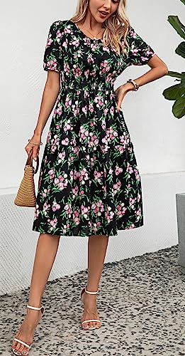 Image of Kormei Women Summer Casual Boho Floral Round Neck Short Sleeve Smocked Waist Tiered Flowy Swing Midi Dress