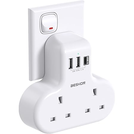 Double Plug Adaptor with 1 USB C and 2 USB Ports, Surge Protected Multi ...