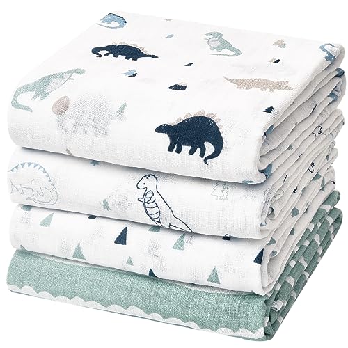 Image of david's kids 4 Pack Baby Muslin Swaddle Blankets, 100% Cotton and Ultra Soft Breathable Receiving Blanket Wrap for Boys Girls, New Born Essentials, Dinosaur